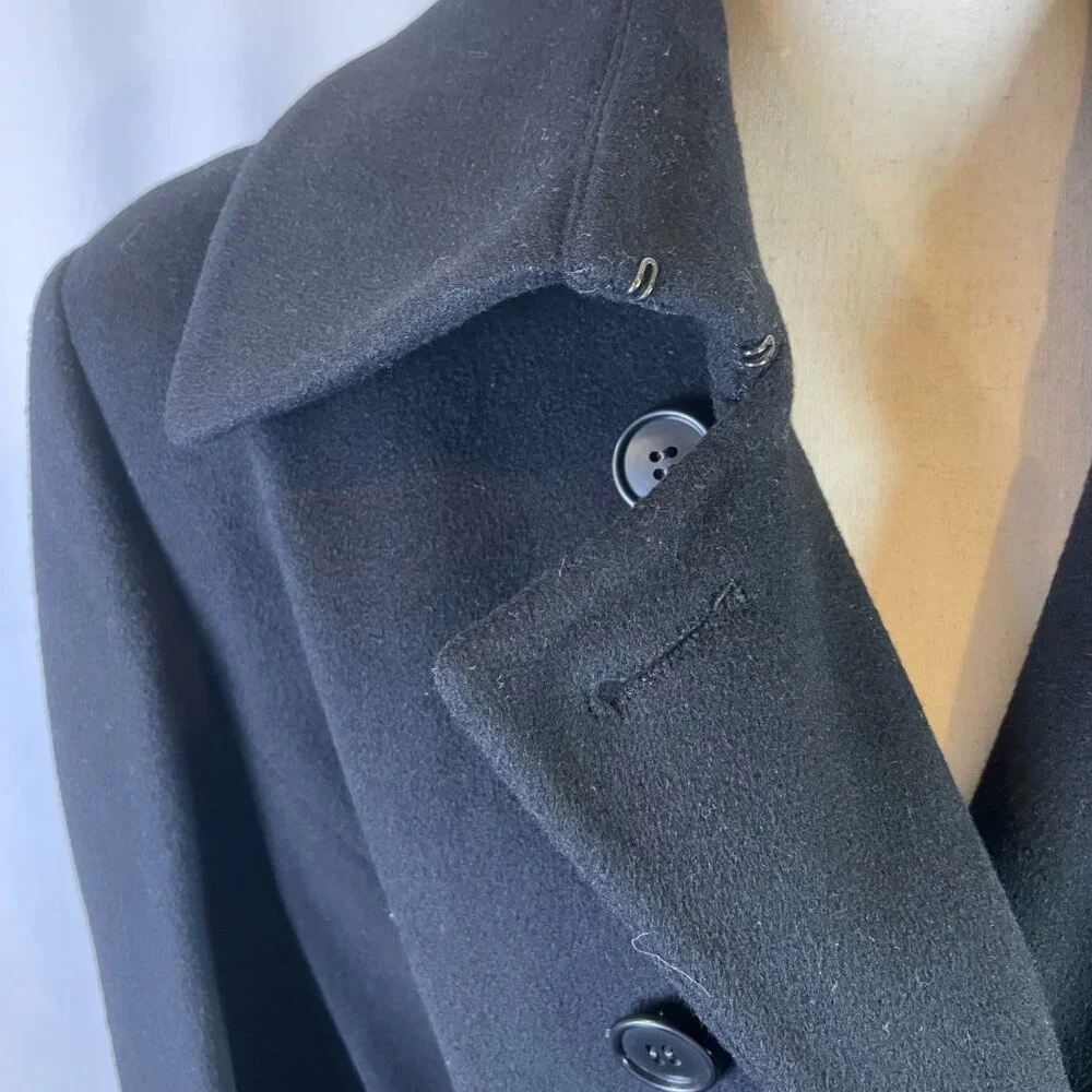 Calvin Klein Maxi Coat Size 12 Vintage 80's Black Double Breast Belt Merino Wool - Picture 6 of 15